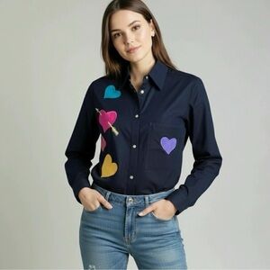 Vintage BALDANZA Linen Blend Womens Embroidered Hearts Shirt Size 10 Medium Rare